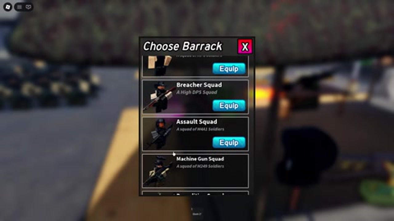 Choose Barrack list showing Breacher, Assault, and Machine Gun squads